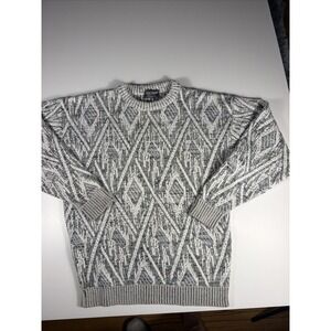 Ellis Island Vintage Mens Med Grey Geometric Knit Crewneck Sweater Made in USA